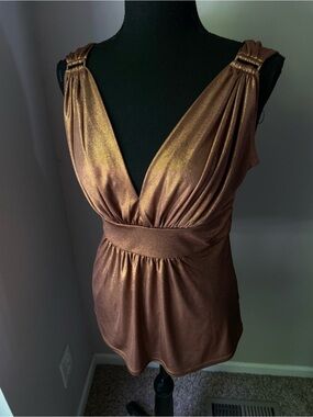 Express small Copper Metallic deep v-neck babydoll flowy goddess top
